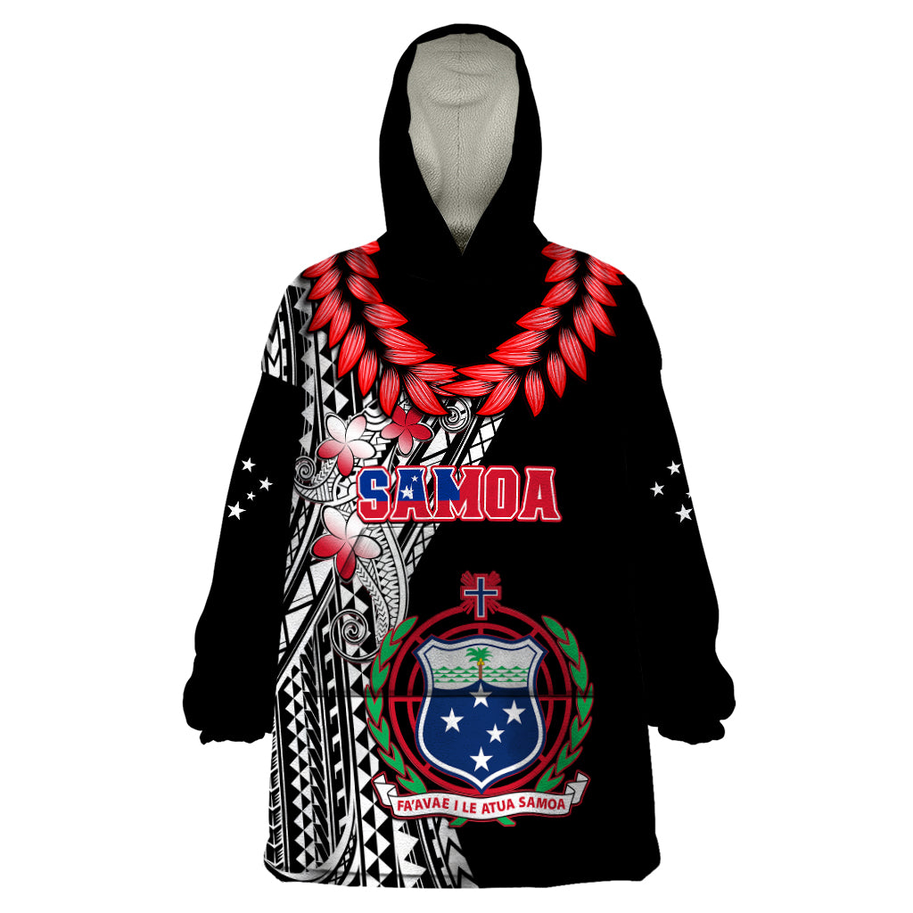 Personalised Samoa Wearable Blanket Hoodie Ula Fala Mix Samoan Tribal Black Version - Wonder Print Shop