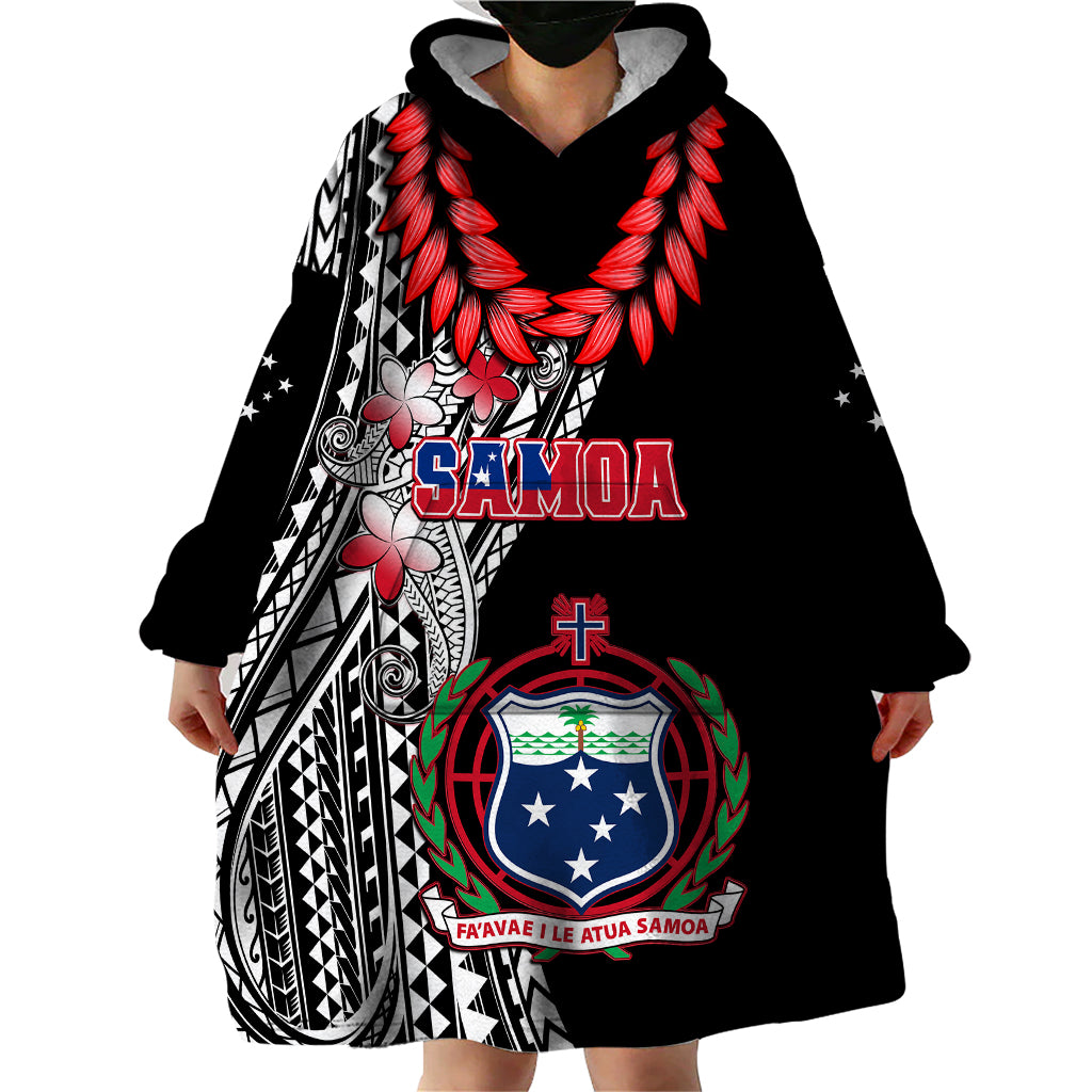 Personalised Samoa Wearable Blanket Hoodie Ula Fala Mix Samoan Tribal Black Version - Wonder Print Shop