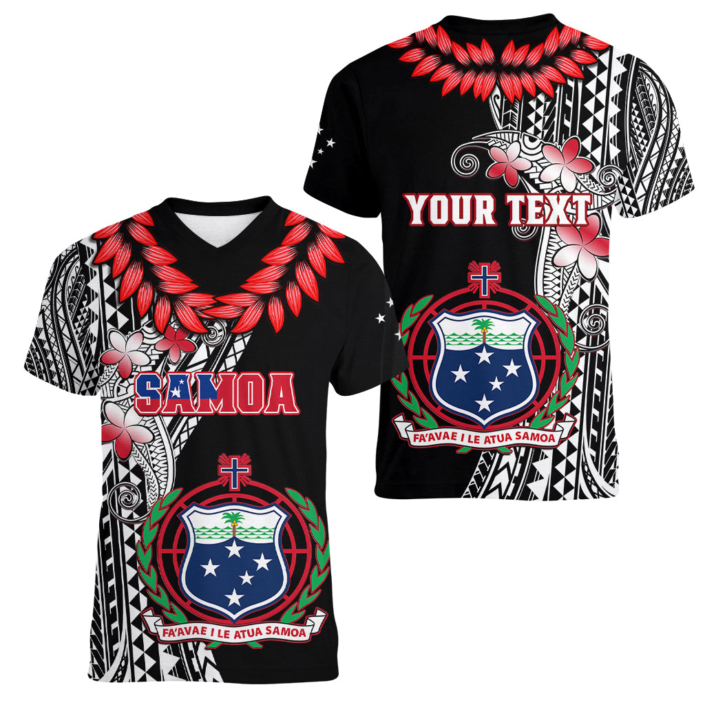Personalised Samoa Women V Neck T Shirt Ula Fala Mix Samoan Tribal Black Version - Wonder Print Shop