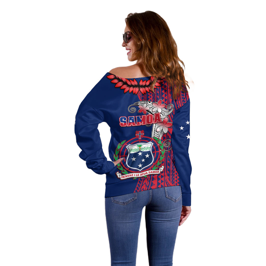 Polynesian Pride Samoa Off Shoulder Sweater Ula Fala Mix Samoan Tribal Blue Version - Wonder Print Shop