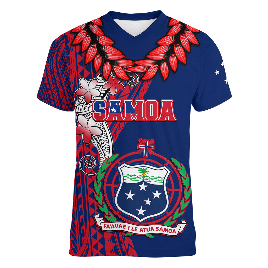 Polynesian Pride Samoa Women V Neck T Shirt Ula Fala Mix Samoan Tribal Blue Version - Wonder Print Shop