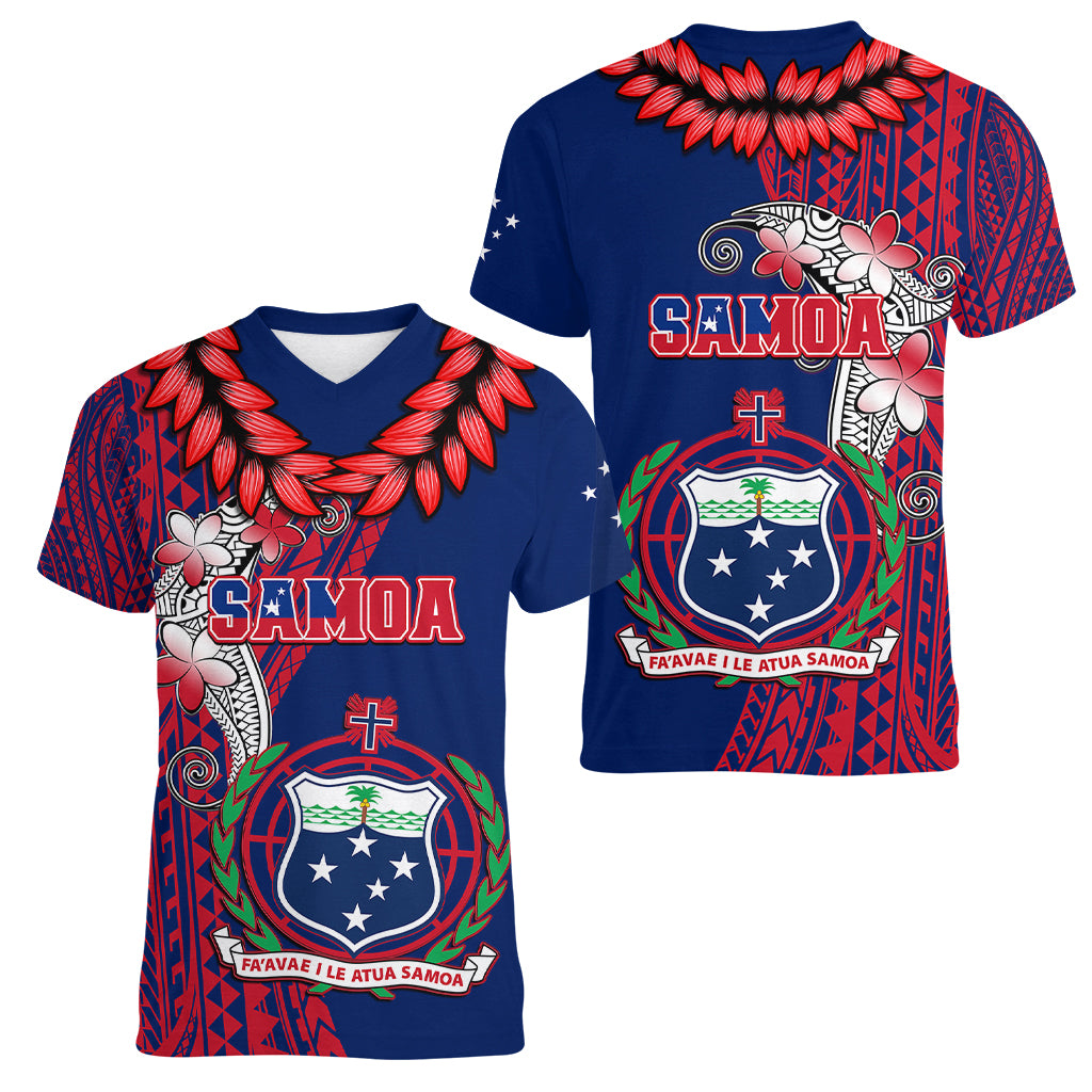 Polynesian Pride Samoa Women V Neck T Shirt Ula Fala Mix Samoan Tribal Blue Version - Wonder Print Shop