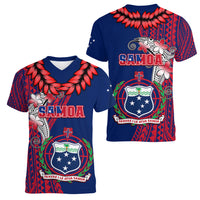 Polynesian Pride Samoa Women V Neck T Shirt Ula Fala Mix Samoan Tribal Blue Version - Wonder Print Shop