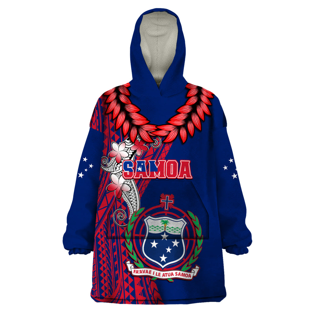 Personalised Samoa Wearable Blanket Hoodie Ula Fala Mix Samoan Tribal Blue Version - Wonder Print Shop