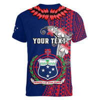 Personalised Samoa Women V Neck T Shirt Ula Fala Mix Samoan Tribal Blue Version - Wonder Print Shop