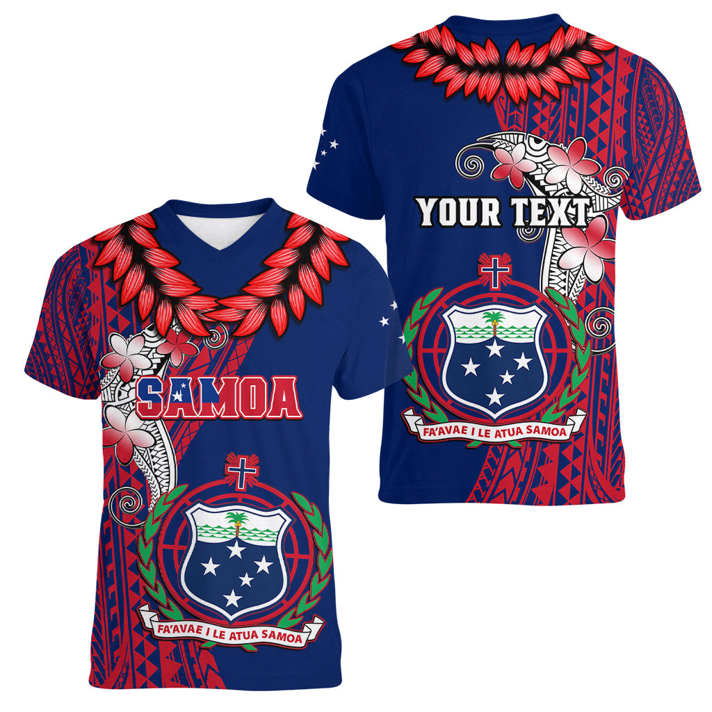 Personalised Samoa Women V Neck T Shirt Ula Fala Mix Samoan Tribal Blue Version - Wonder Print Shop