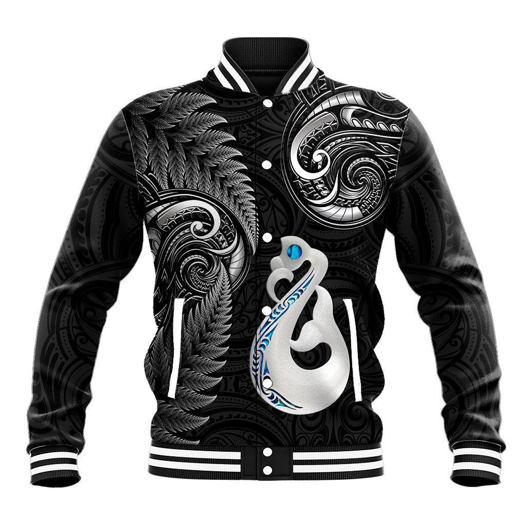 Personalised New Zealand Baseball Jacket Aotearoa Silver Fern With Manaia Maori Unique Black - Wonder Print Shop