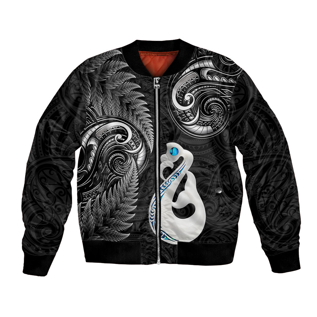 Personalised New Zealand Bomber Jacket Aotearoa Silver Fern With Manaia Maori Unique Black - Wonder Print Shop