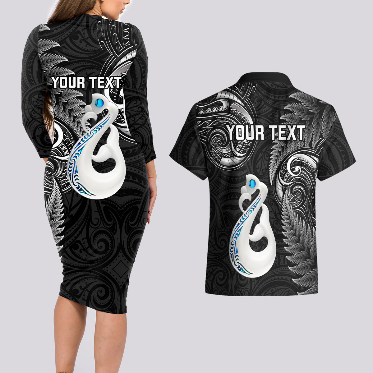 Personalised New Zealand Couples Long Sleeve Bodycon Dress and Hawaiian Shirt Aotearoa Silver Fern With Manaia Maori Unique Black - Wonder Print Shop