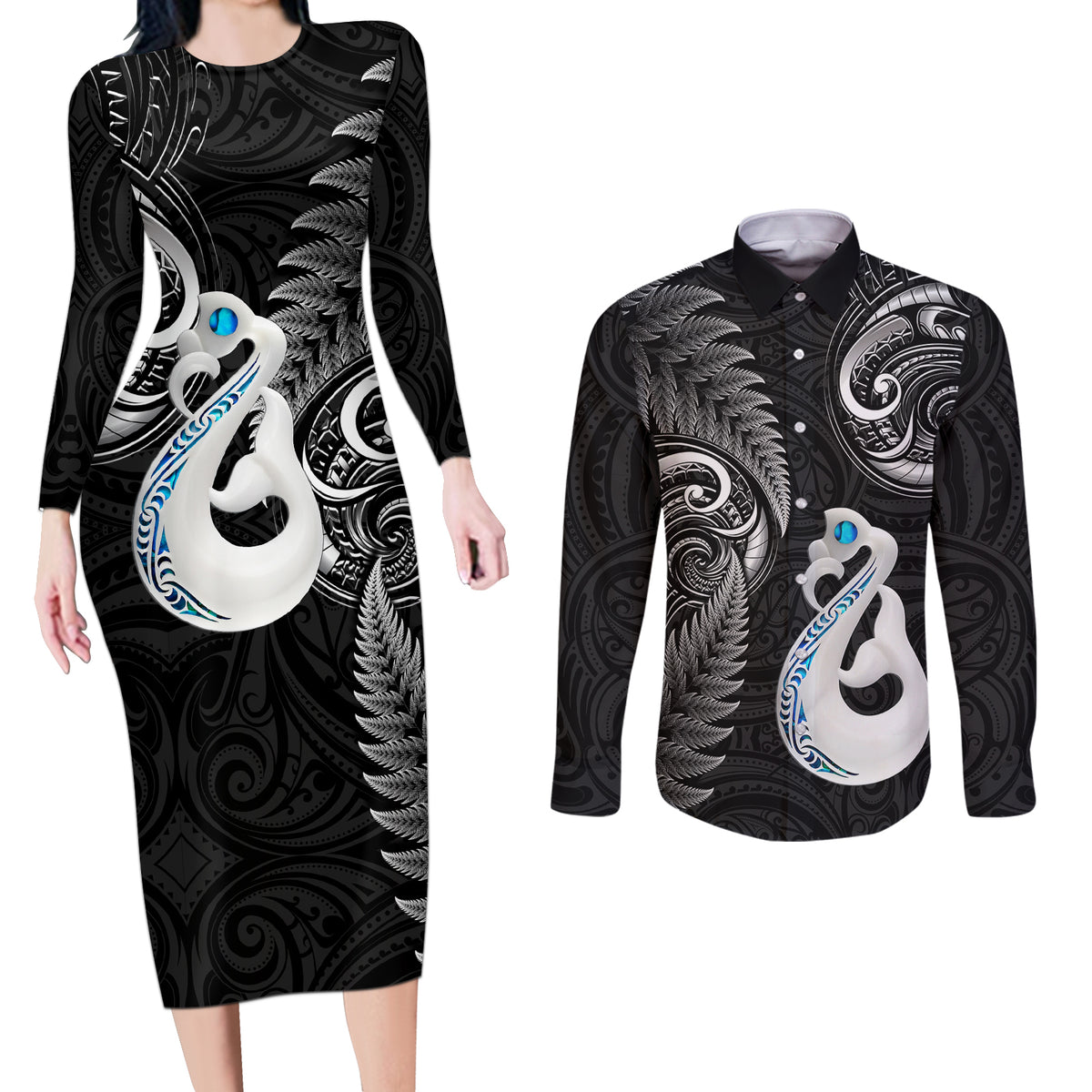 Personalised New Zealand Couples Long Sleeve Bodycon Dress and Long Sleeve Button Shirts Aotearoa Silver Fern With Manaia Maori Unique Black - Wonder Print Shop