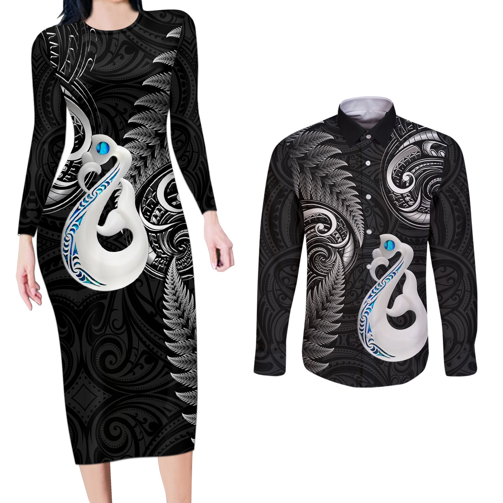 Personalised New Zealand Couples Long Sleeve Bodycon Dress and Long Sleeve Button Shirts Aotearoa Silver Fern With Manaia Maori Unique Black - Wonder Print Shop