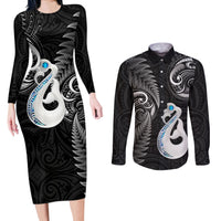 Personalised New Zealand Couples Long Sleeve Bodycon Dress and Long Sleeve Button Shirts Aotearoa Silver Fern With Manaia Maori Unique Black - Wonder Print Shop