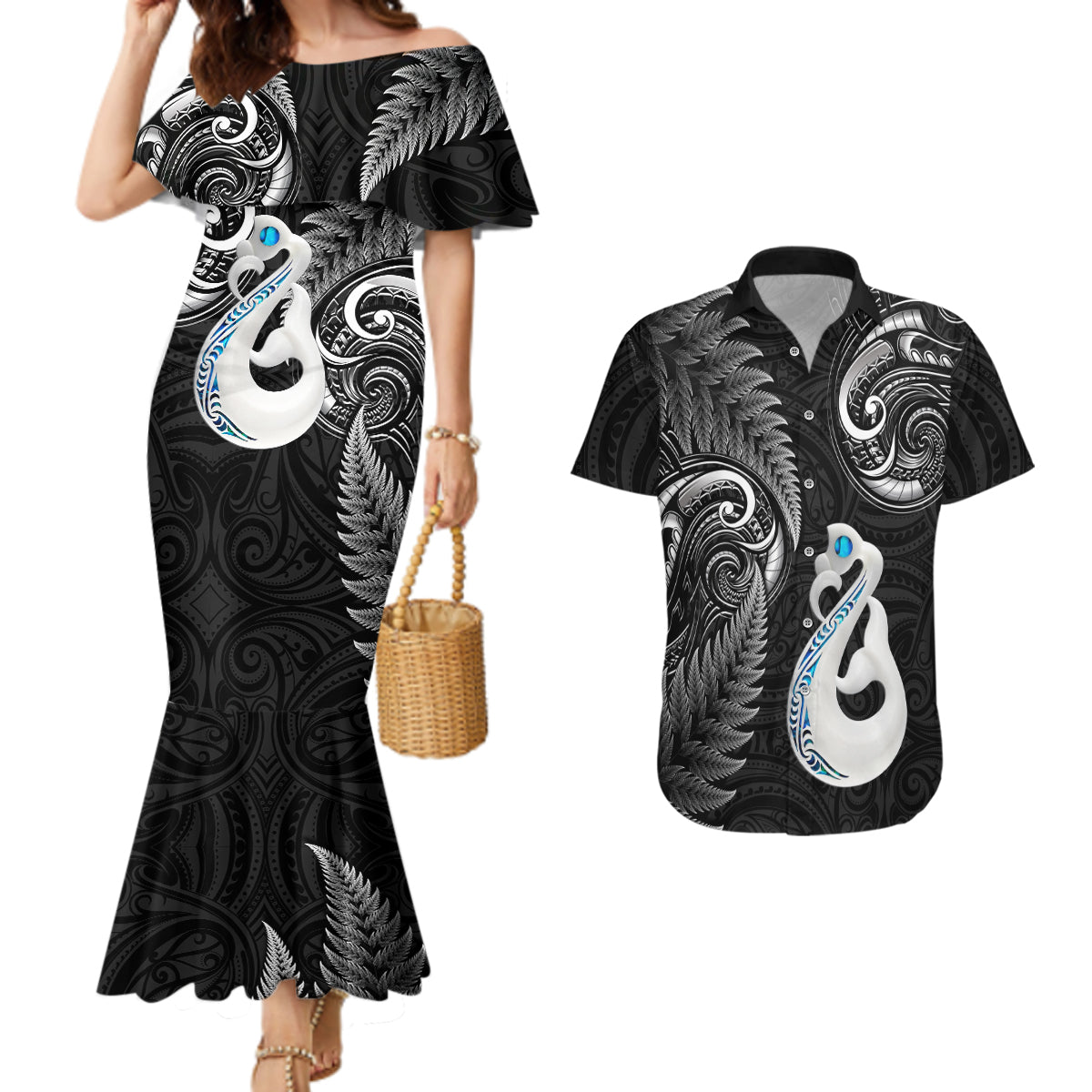 Personalised New Zealand Couples Mermaid Dress And Hawaiian Shirt Aotearoa Silver Fern With Manaia Maori Unique Black - Wonder Print Shop