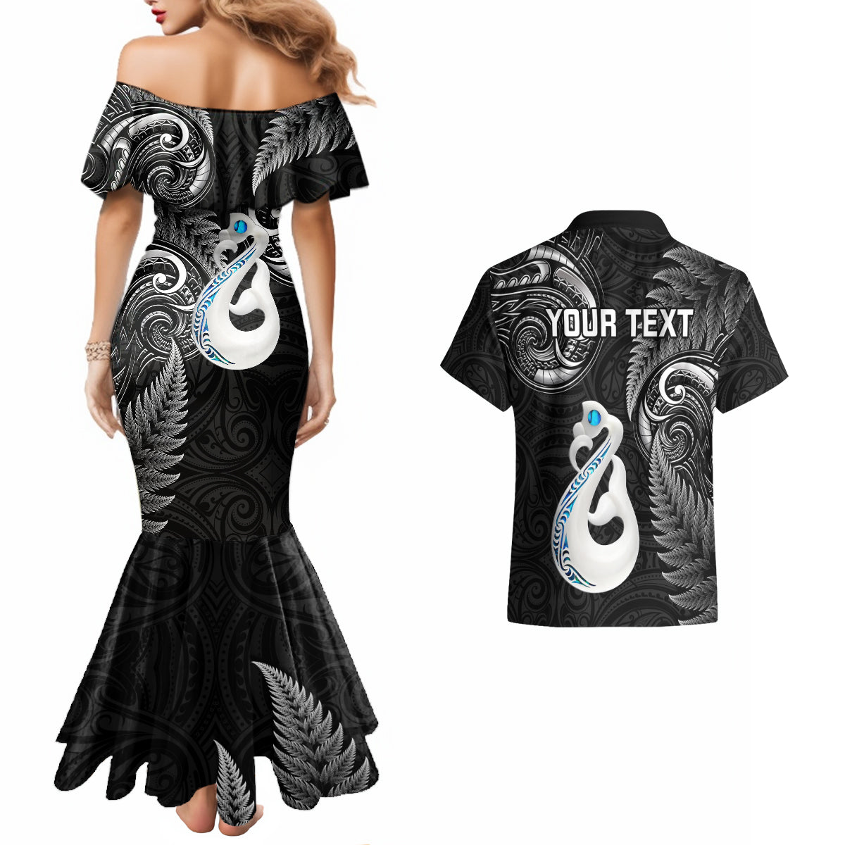 Personalised New Zealand Couples Mermaid Dress And Hawaiian Shirt Aotearoa Silver Fern With Manaia Maori Unique Black - Wonder Print Shop