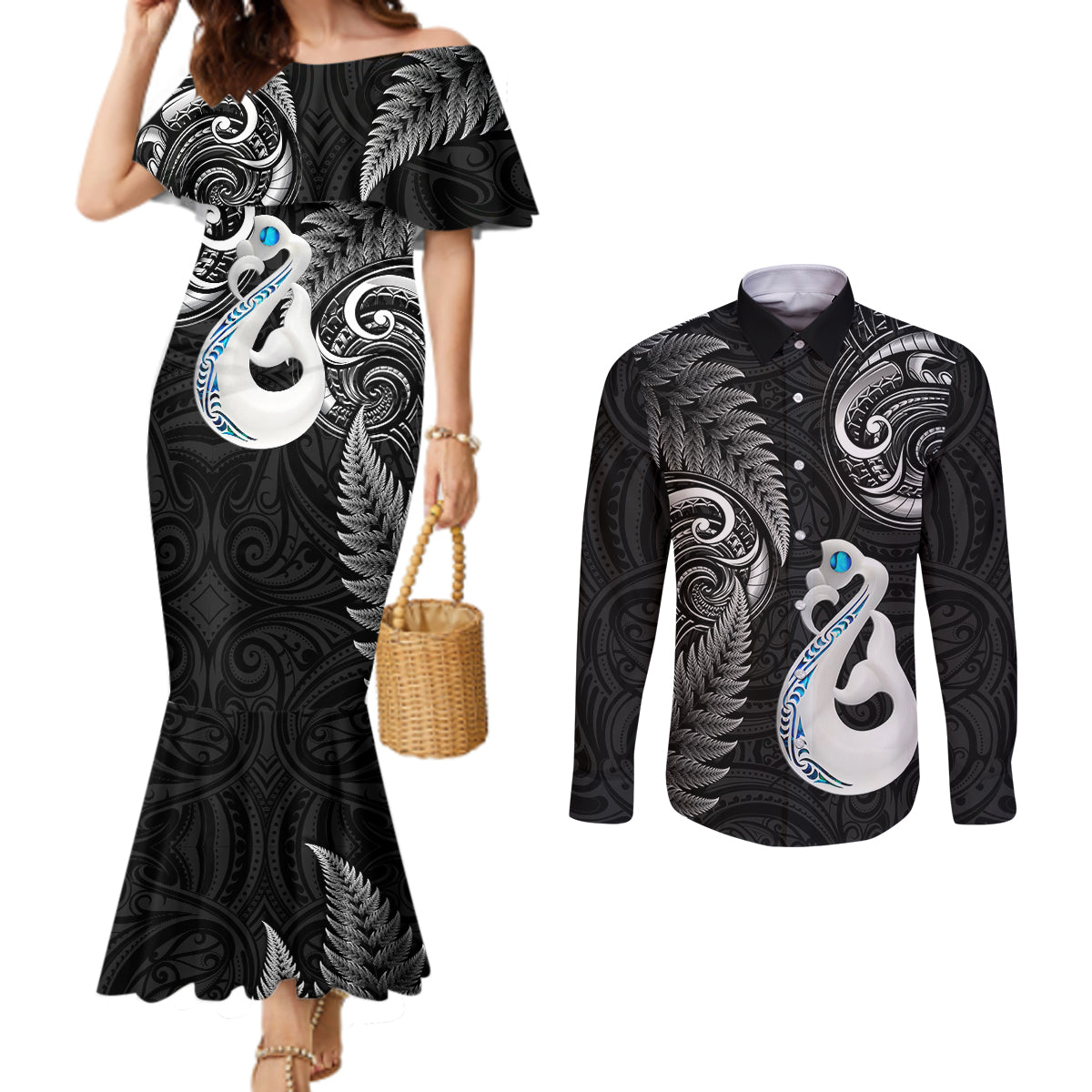 personalised-new-zealand-couples-mermaid-dress-and-long-sleeve-button-shirts-aotearoa-silver-fern-with-manaia-maori-unique-black