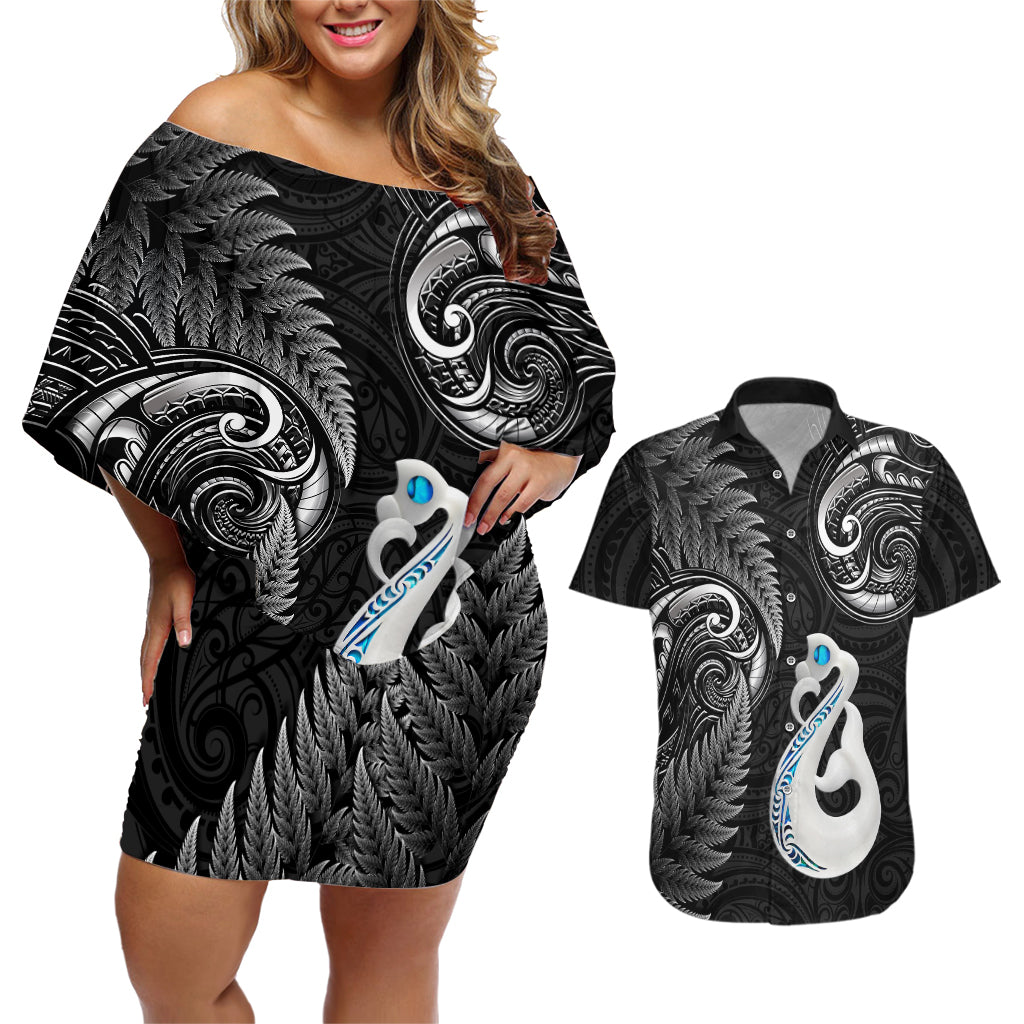 Personalised New Zealand Couples Off Shoulder Short Dress and Hawaiian Shirt Aotearoa Silver Fern With Manaia Maori Unique Black - Wonder Print Shop