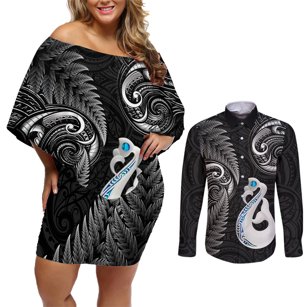 Personalised New Zealand Couples Off Shoulder Short Dress and Long Sleeve Button Shirts Aotearoa Silver Fern With Manaia Maori Unique Black - Wonder Print Shop