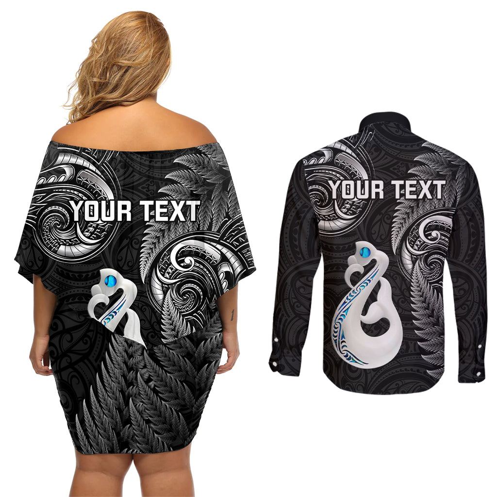 Personalised New Zealand Couples Off Shoulder Short Dress and Long Sleeve Button Shirts Aotearoa Silver Fern With Manaia Maori Unique Black - Wonder Print Shop