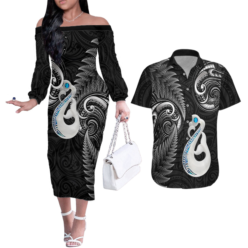 Personalised New Zealand Couples Off The Shoulder Long Sleeve Dress and Hawaiian Shirt Aotearoa Silver Fern With Manaia Maori Unique Black - Wonder Print Shop
