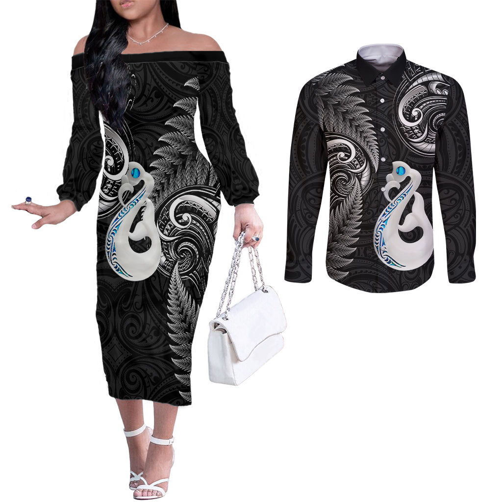 personalised-new-zealand-couples-off-the-shoulder-long-sleeve-dress-and-long-sleeve-button-shirts-aotearoa-silver-fern-with-manaia-maori-unique-black