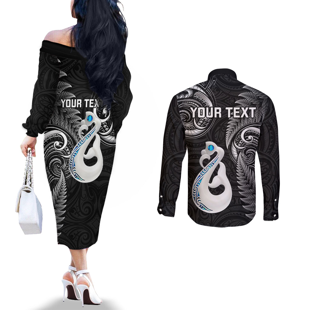 personalised-new-zealand-couples-off-the-shoulder-long-sleeve-dress-and-long-sleeve-button-shirts-aotearoa-silver-fern-with-manaia-maori-unique-black