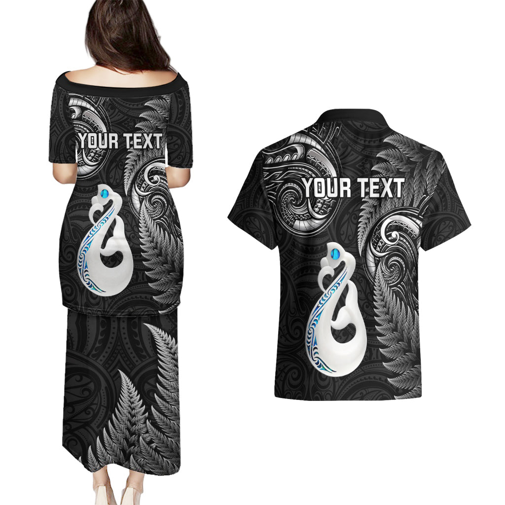 Personalised New Zealand Couples Puletasi Dress and Hawaiian Shirt Aotearoa Silver Fern With Manaia Maori Unique Black - Wonder Print Shop