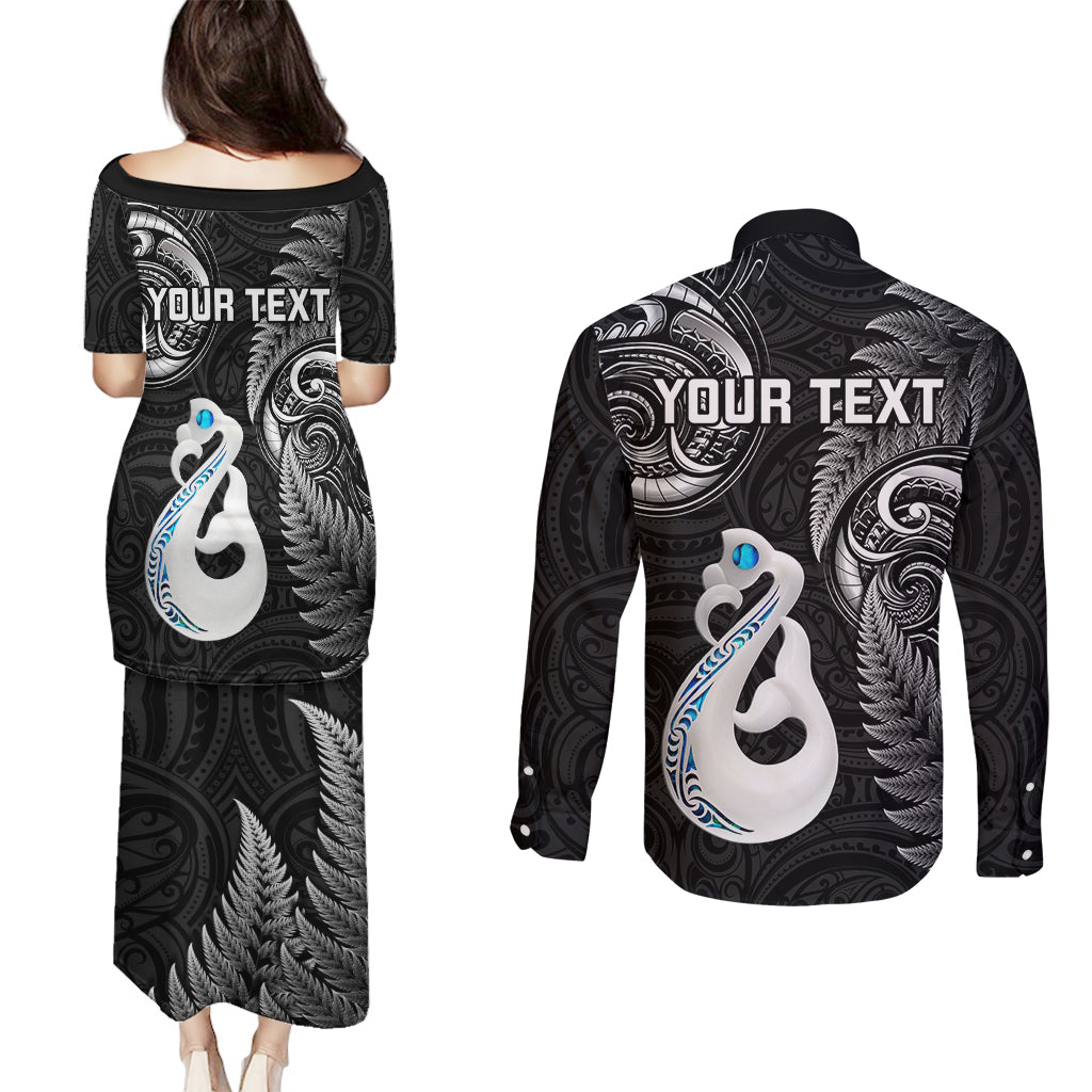 Personalised New Zealand Couples Puletasi Dress and Long Sleeve Button Shirts Aotearoa Silver Fern With Manaia Maori Unique Black - Wonder Print Shop