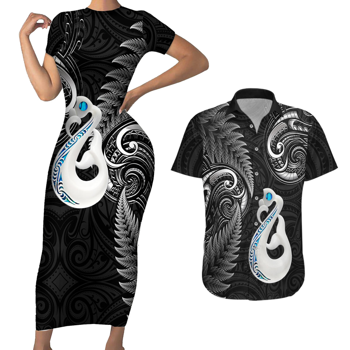 Personalised New Zealand Couples Short Sleeve Bodycon Dress and Hawaiian Shirt Aotearoa Silver Fern With Manaia Maori Unique Black - Wonder Print Shop