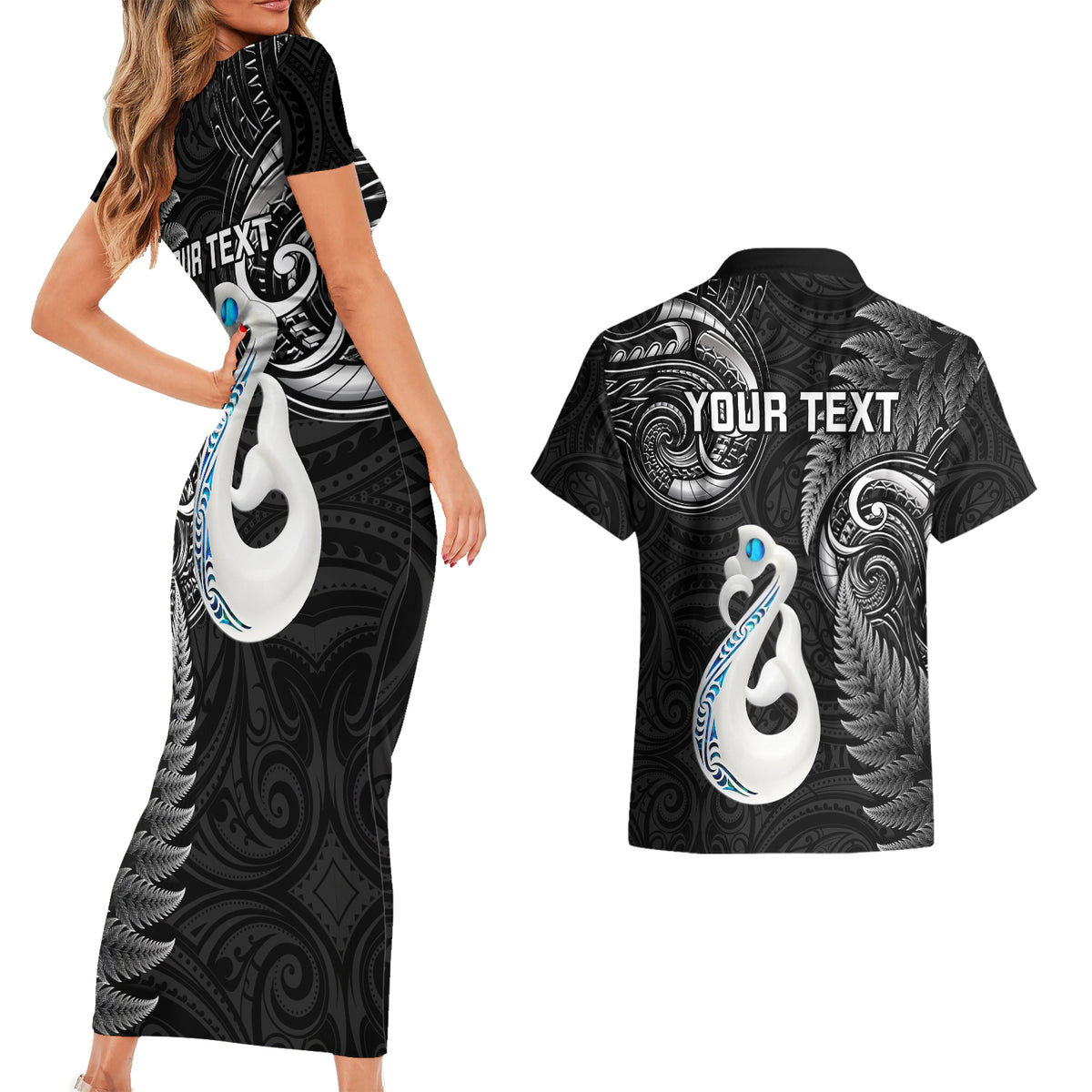 Personalised New Zealand Couples Short Sleeve Bodycon Dress and Hawaiian Shirt Aotearoa Silver Fern With Manaia Maori Unique Black - Wonder Print Shop