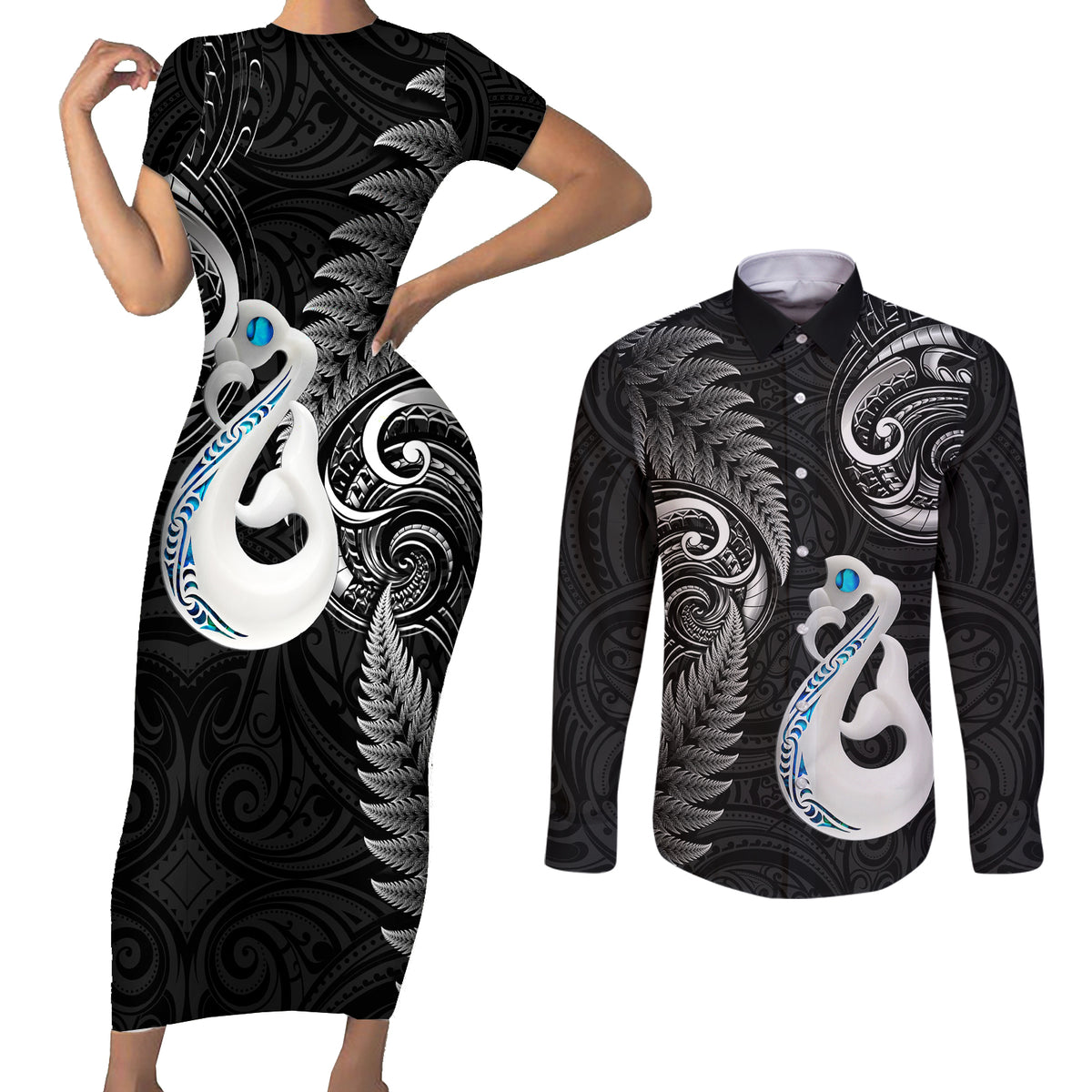 Personalised New Zealand Couples Short Sleeve Bodycon Dress and Long Sleeve Button Shirts Aotearoa Silver Fern With Manaia Maori Unique Black - Wonder Print Shop