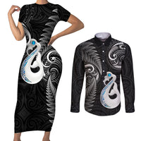 Personalised New Zealand Couples Short Sleeve Bodycon Dress and Long Sleeve Button Shirts Aotearoa Silver Fern With Manaia Maori Unique Black - Wonder Print Shop