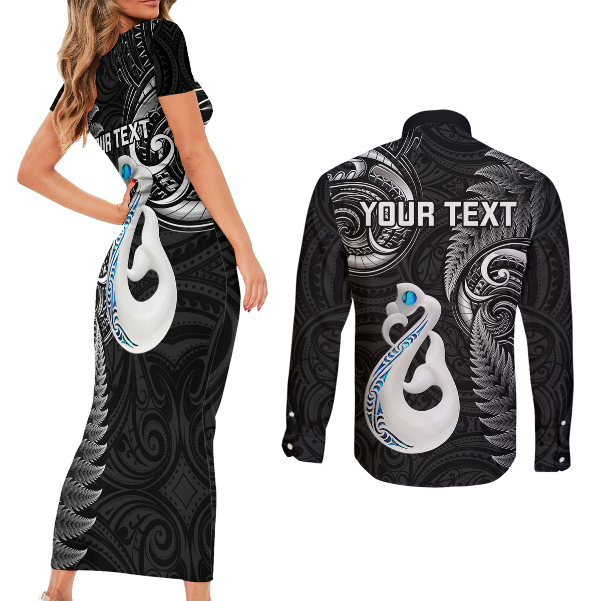 Personalised New Zealand Couples Short Sleeve Bodycon Dress and Long Sleeve Button Shirts Aotearoa Silver Fern With Manaia Maori Unique Black - Wonder Print Shop