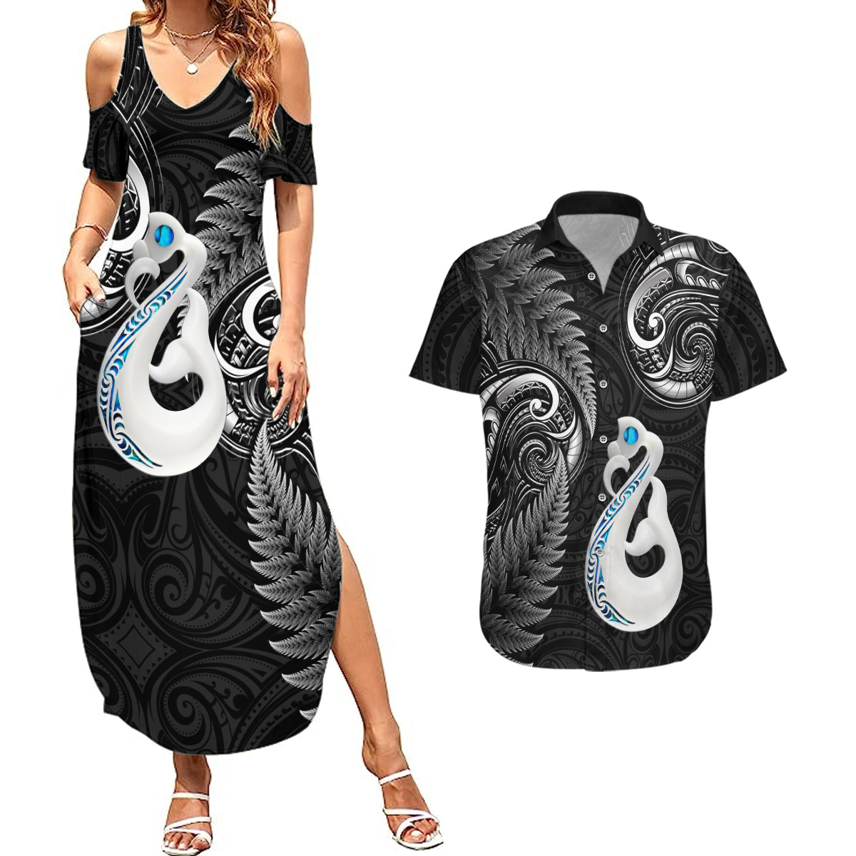 Personalised New Zealand Couples Summer Maxi Dress and Hawaiian Shirt Aotearoa Silver Fern With Manaia Maori Unique Black - Wonder Print Shop
