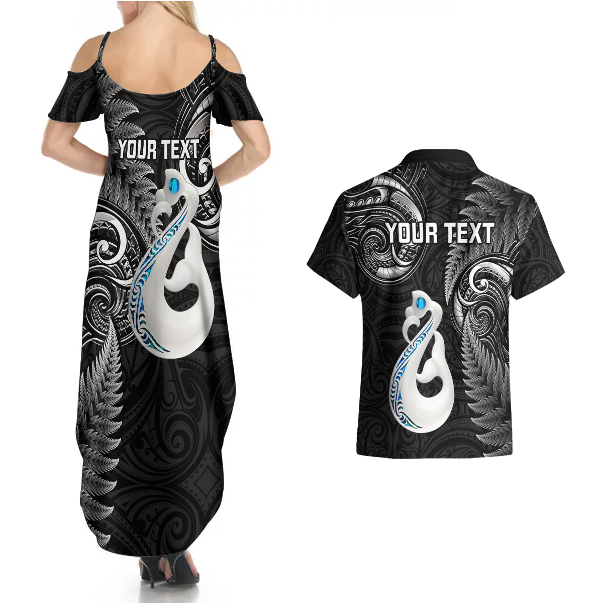 Personalised New Zealand Couples Summer Maxi Dress and Hawaiian Shirt Aotearoa Silver Fern With Manaia Maori Unique Black - Wonder Print Shop