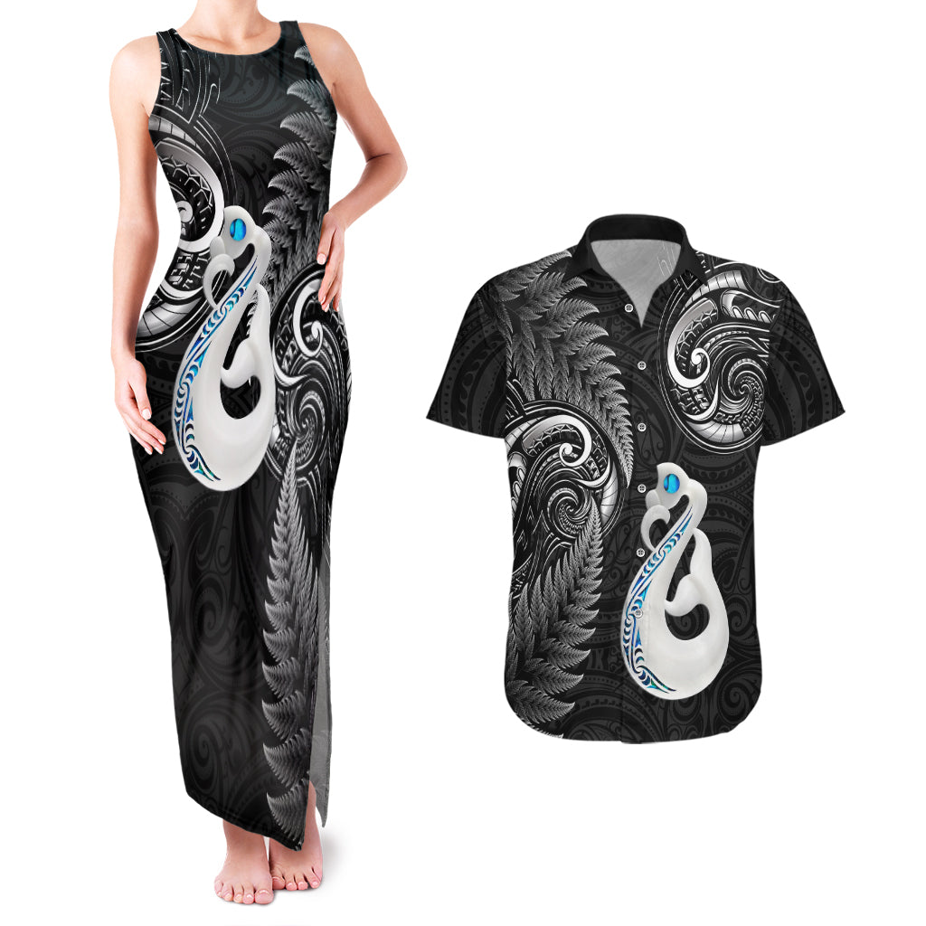 Personalised New Zealand Couples Matching Tank Maxi Dress And Hawaiian Shirt Aotearoa Silver Fern With Manaia Maori Unique Black - Wonder Print Shop