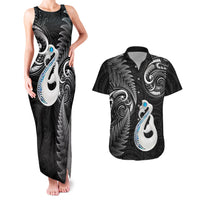 Personalised New Zealand Couples Matching Tank Maxi Dress And Hawaiian Shirt Aotearoa Silver Fern With Manaia Maori Unique Black - Wonder Print Shop