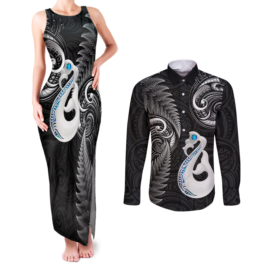 Personalised New Zealand Couples Matching Tank Maxi Dress and Long Sleeve Button Shirts Aotearoa Silver Fern With Manaia Maori Unique Black - Wonder Print Shop