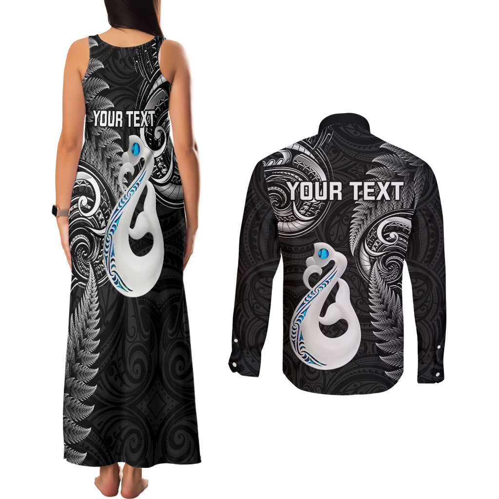 Personalised New Zealand Couples Matching Tank Maxi Dress and Long Sleeve Button Shirts Aotearoa Silver Fern With Manaia Maori Unique Black - Wonder Print Shop