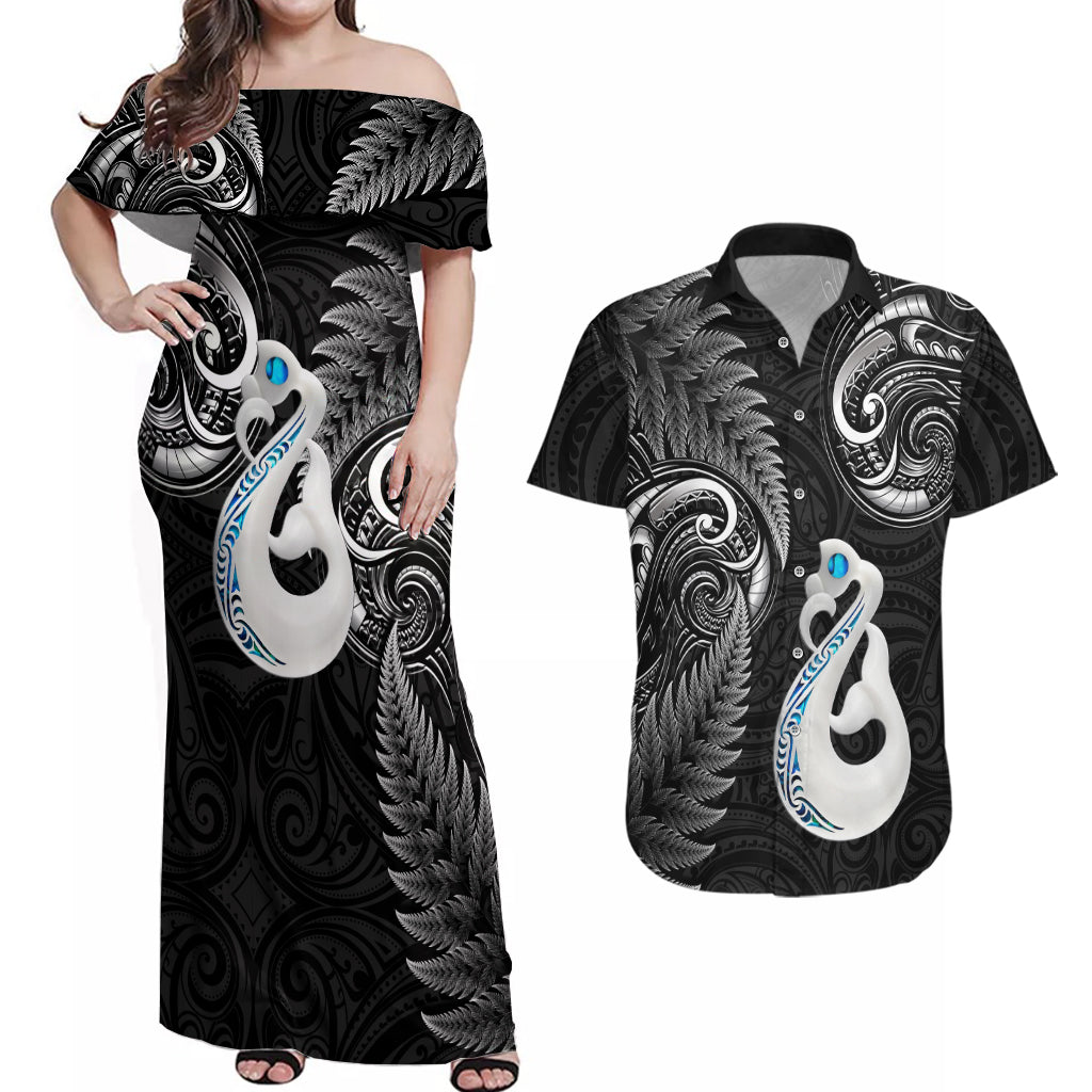 Personalised New Zealand Couples Off Shoulder Maxi Dress and Hawaiian Shirt Aotearoa Silver Fern With Manaia Maori Unique Black - Wonder Print Shop