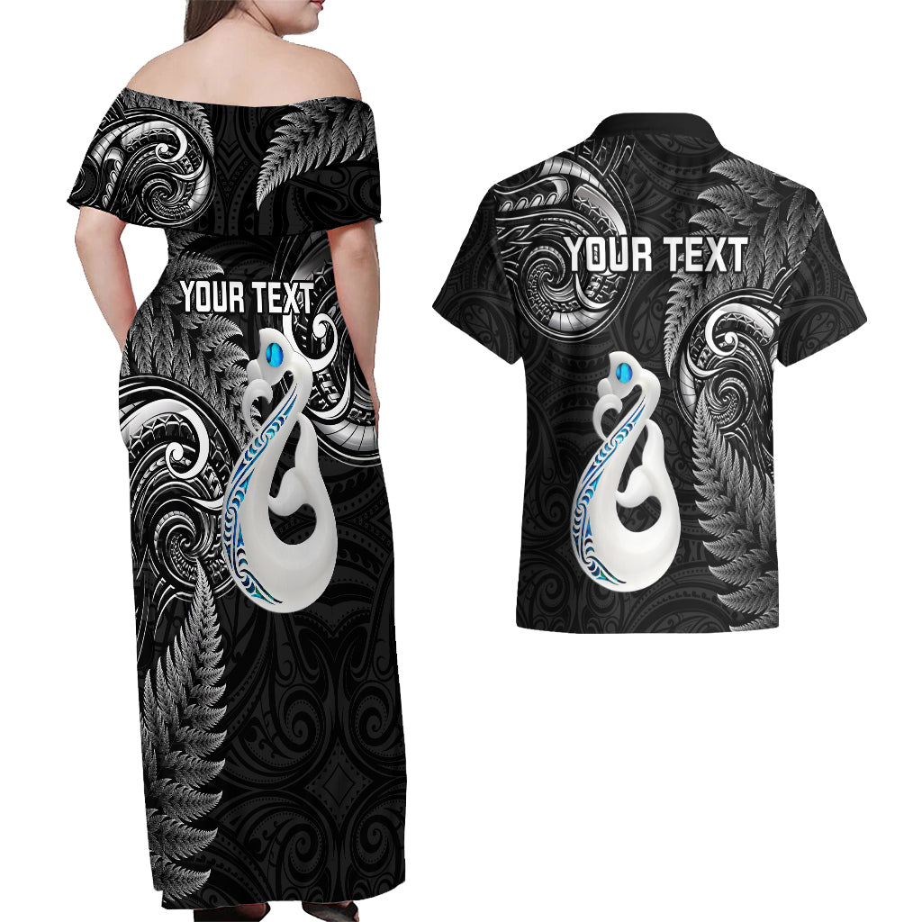 Personalised New Zealand Couples Off Shoulder Maxi Dress and Hawaiian Shirt Aotearoa Silver Fern With Manaia Maori Unique Black - Wonder Print Shop