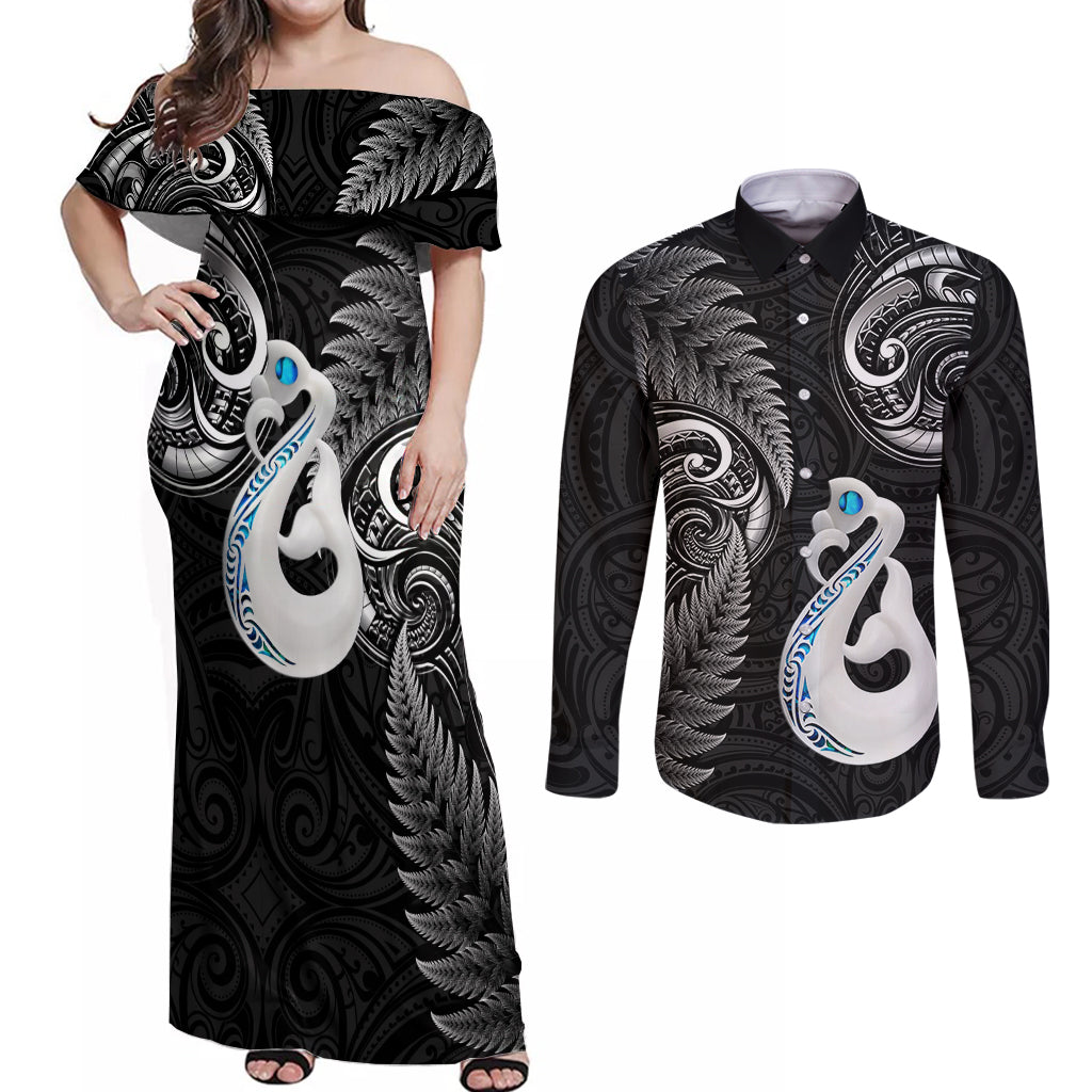 Personalised New Zealand Couples Off Shoulder Maxi Dress and Long Sleeve Button Shirts Aotearoa Silver Fern With Manaia Maori Unique Black - Wonder Print Shop