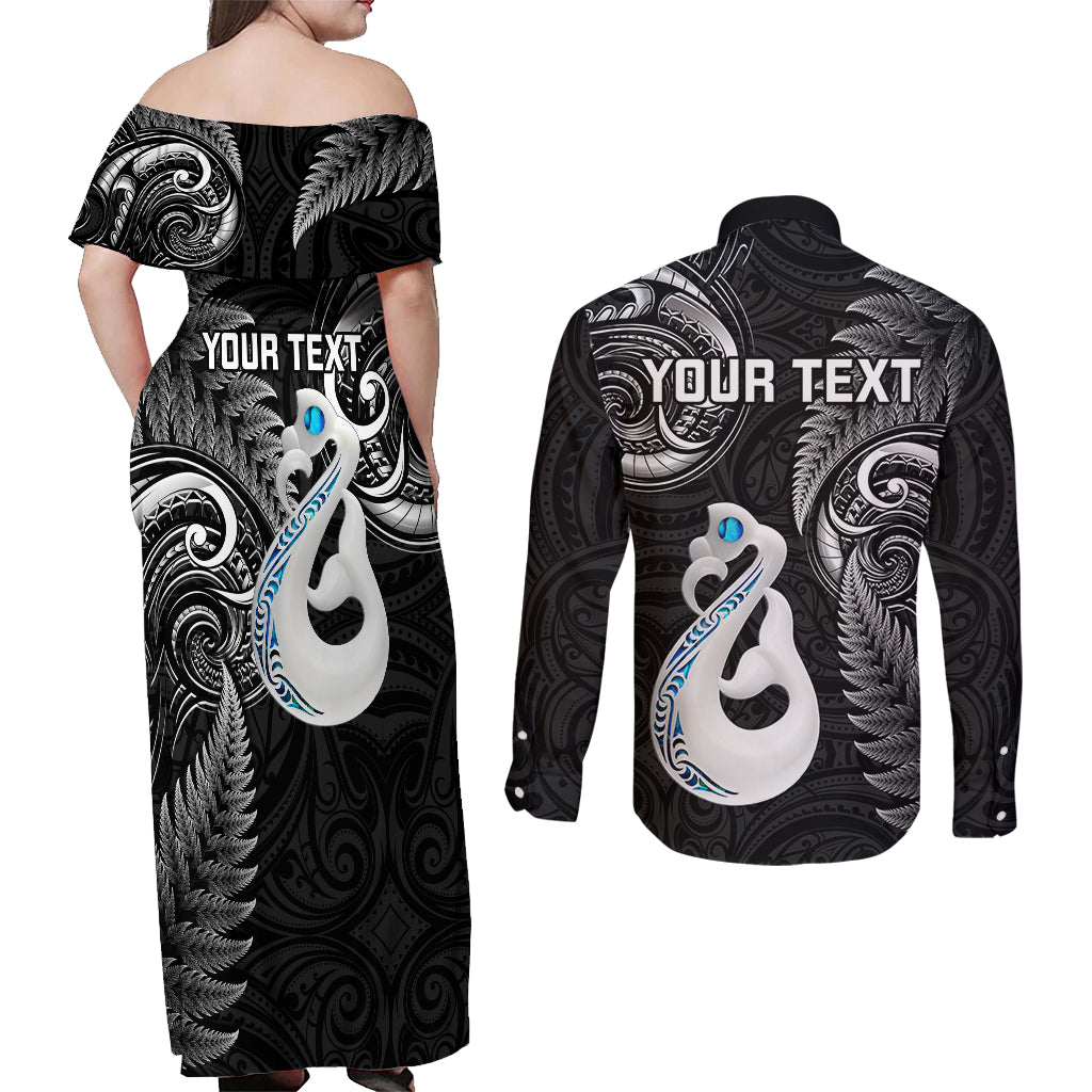 Personalised New Zealand Couples Off Shoulder Maxi Dress and Long Sleeve Button Shirts Aotearoa Silver Fern With Manaia Maori Unique Black - Wonder Print Shop