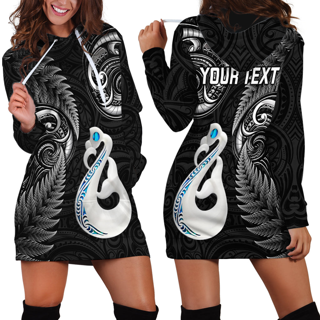 Personalised New Zealand Hoodie Dress Aotearoa Silver Fern With Manaia Maori Unique Black - Wonder Print Shop