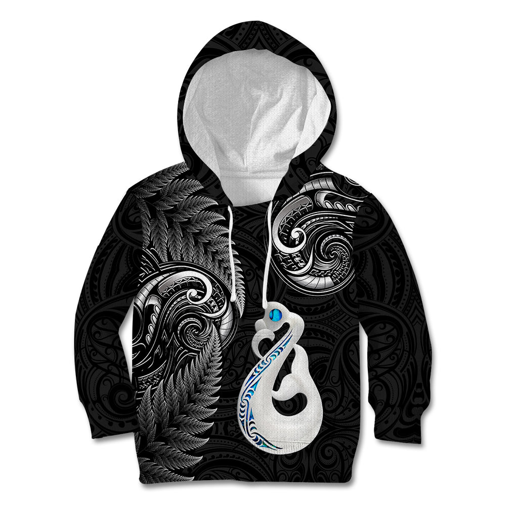 Personalised New Zealand Kid Hoodie Aotearoa Silver Fern With Manaia Maori Unique Black - Wonder Print Shop