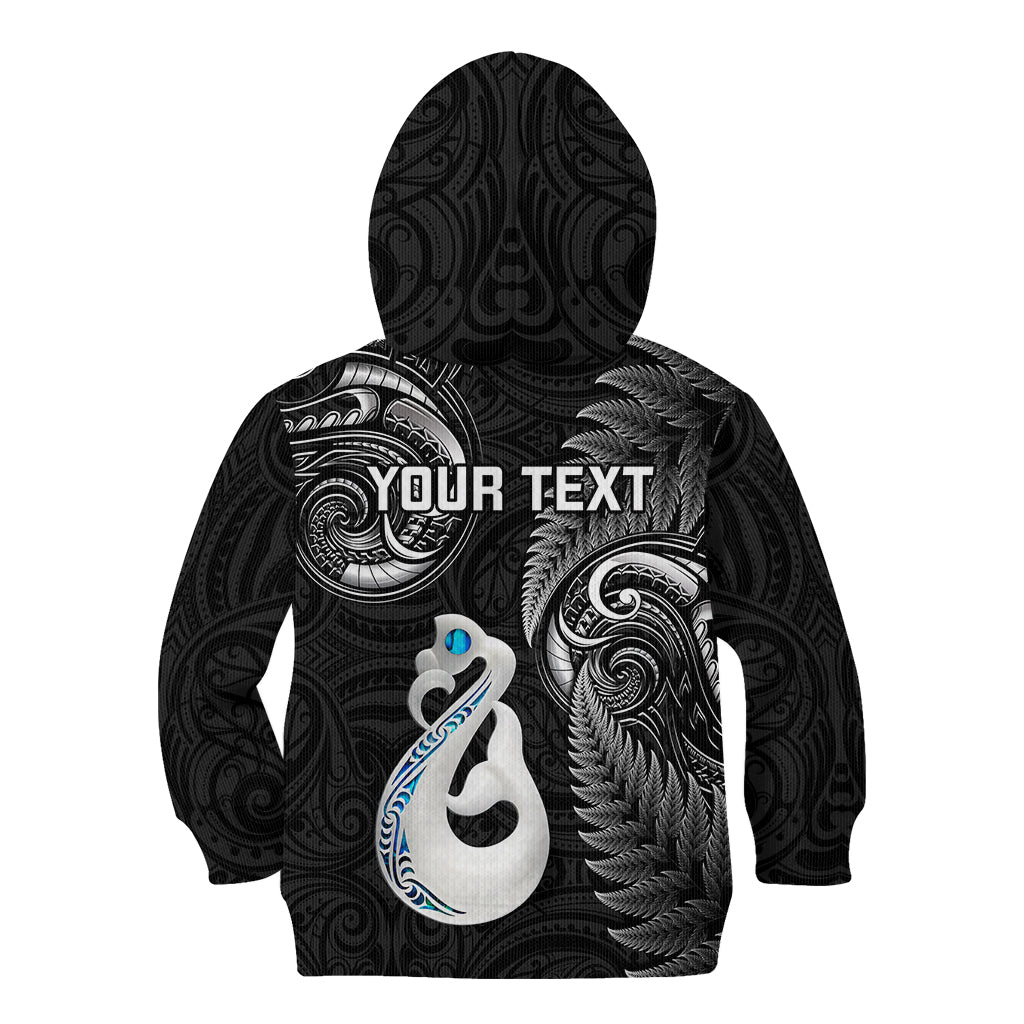 Personalised New Zealand Kid Hoodie Aotearoa Silver Fern With Manaia Maori Unique Black - Wonder Print Shop