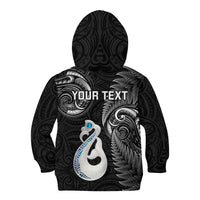 Personalised New Zealand Kid Hoodie Aotearoa Silver Fern With Manaia Maori Unique Black - Wonder Print Shop