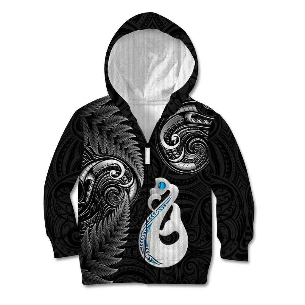 Personalised New Zealand Kid Hoodie Aotearoa Silver Fern With Manaia Maori Unique Black - Wonder Print Shop