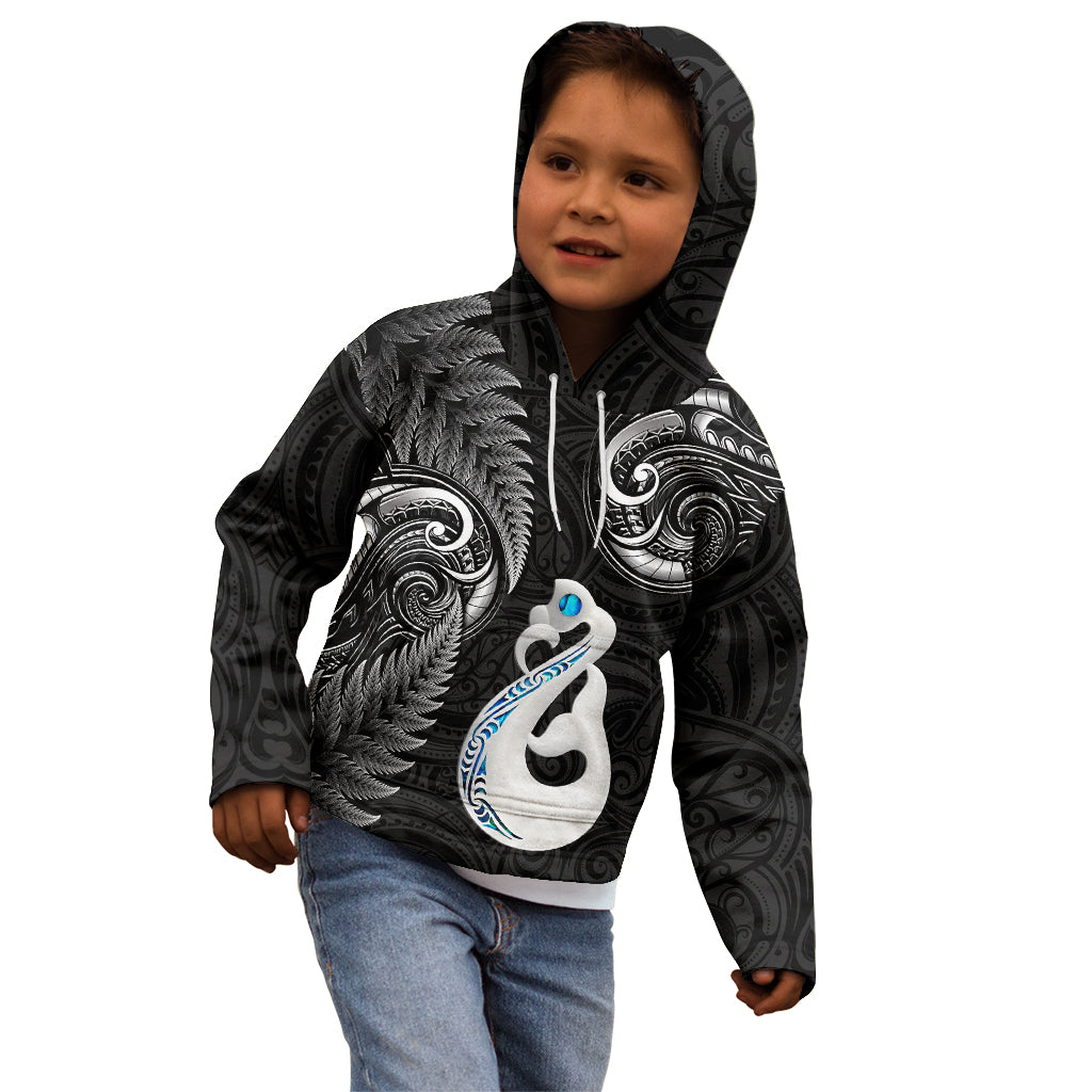 Personalised New Zealand Kid Hoodie Aotearoa Silver Fern With Manaia Maori Unique Black - Wonder Print Shop