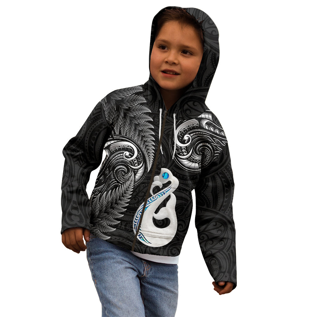 Personalised New Zealand Kid Hoodie Aotearoa Silver Fern With Manaia Maori Unique Black - Wonder Print Shop