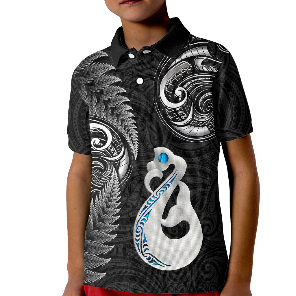 Personalised New Zealand Kid Polo Shirt Aotearoa Silver Fern With Manaia Maori Unique Black - Wonder Print Shop
